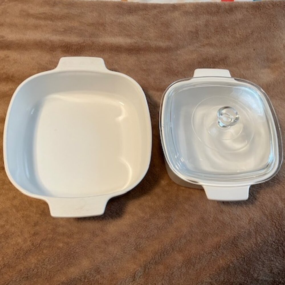 Set of 2 Vintage CORNING WARE Plain White Casserole Dishes, Oven-Safe, One Cover